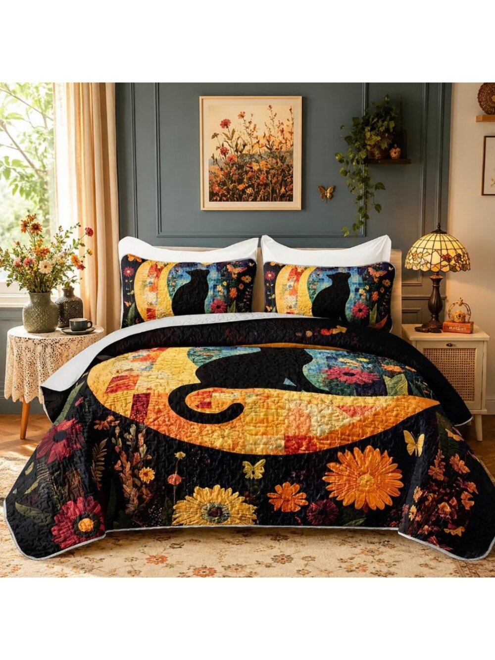 Colorful Floral Print King Quilt Set with 2 Pillowcases - Cozy Cat Design